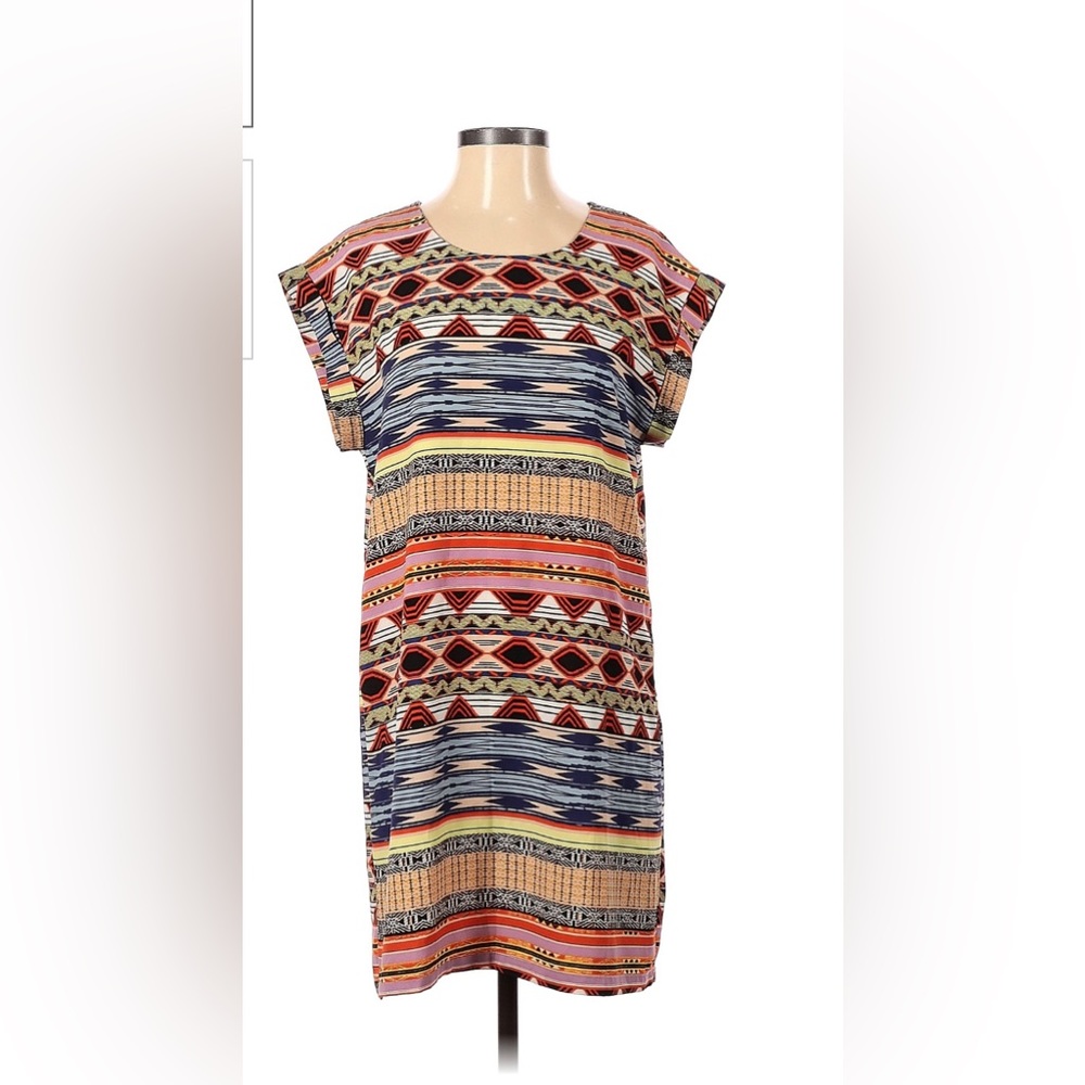 Aztec print rainbow colored shift dress mini size small skies are blu